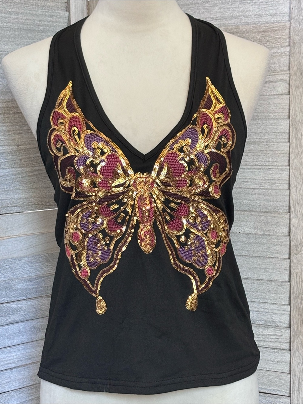 Y2K Butterfly Sequin Halter Top Black w/ Gold Magenta & Purple Soft  SZ LG/XL